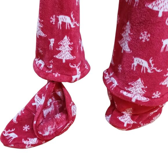 SleepytimePjs Red Holiday Hooded One Pc Adult M/L Zipper Footies Reindeer Trees - Picture 8 of 10